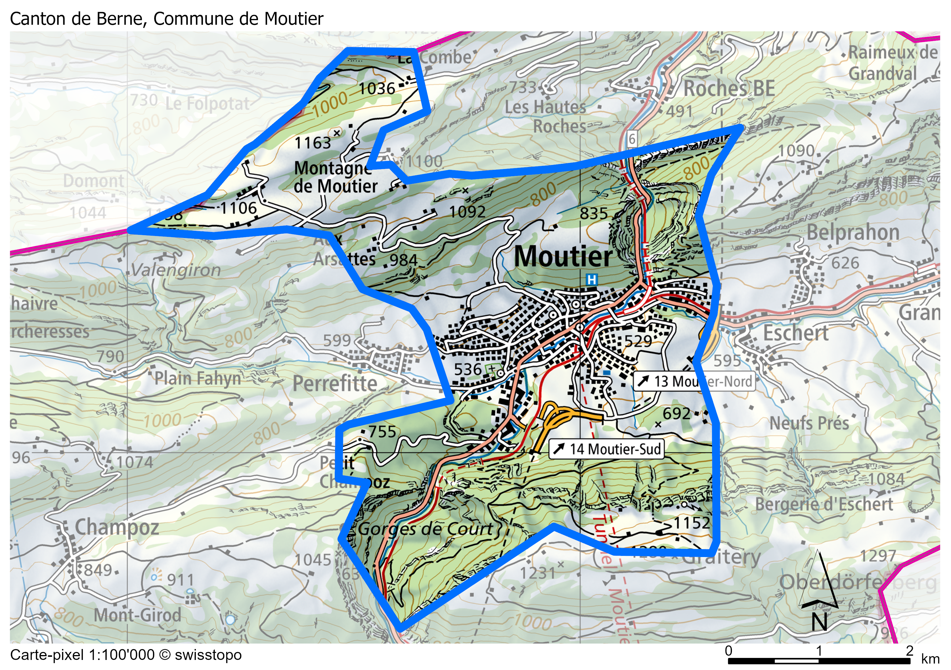 Carte au 1:100'000 du territoire de la commune municipale de Moutier