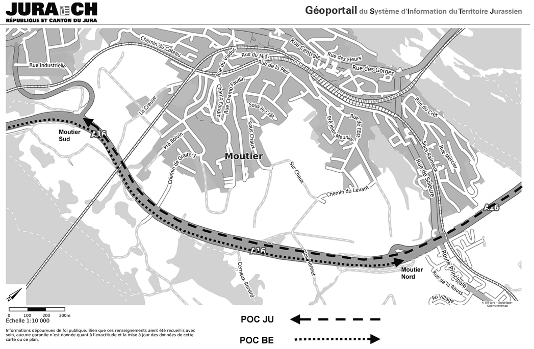 Carte représentant les tronçons dont la responsabilité incombe au canton de Berne respectivement au canton du Jura durant la phase finale